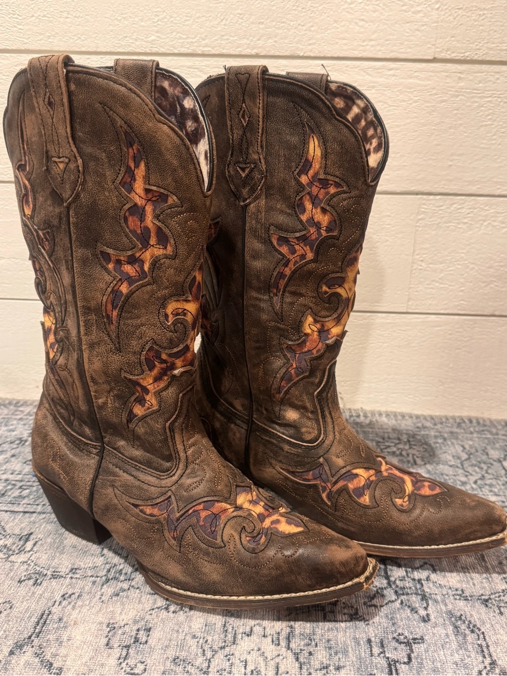 Laredo Women's Aphrika Brown Distressed Leather & Leopard Western Cowboy Boots